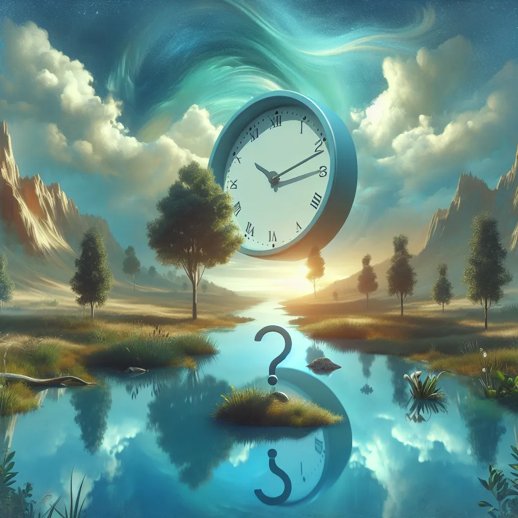 A conceptual illustration of a serene landscape with a clock showing an ambiguous time, symbolizing uncertainty about the future.