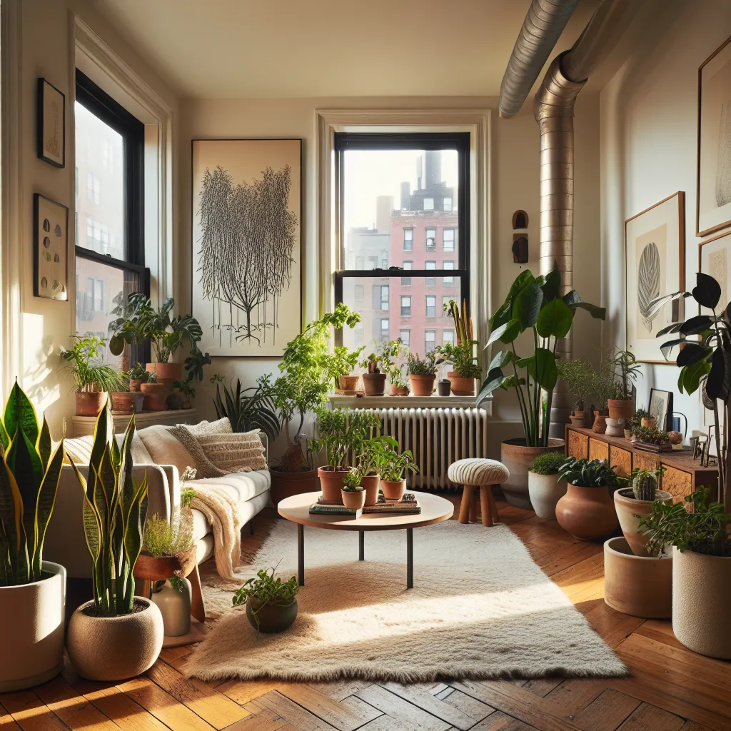 Image of a cozy New York City apartment featuring low-maintenance indoor plants like a snake plant, pothos, and a rubber tree, all in stylish pots.