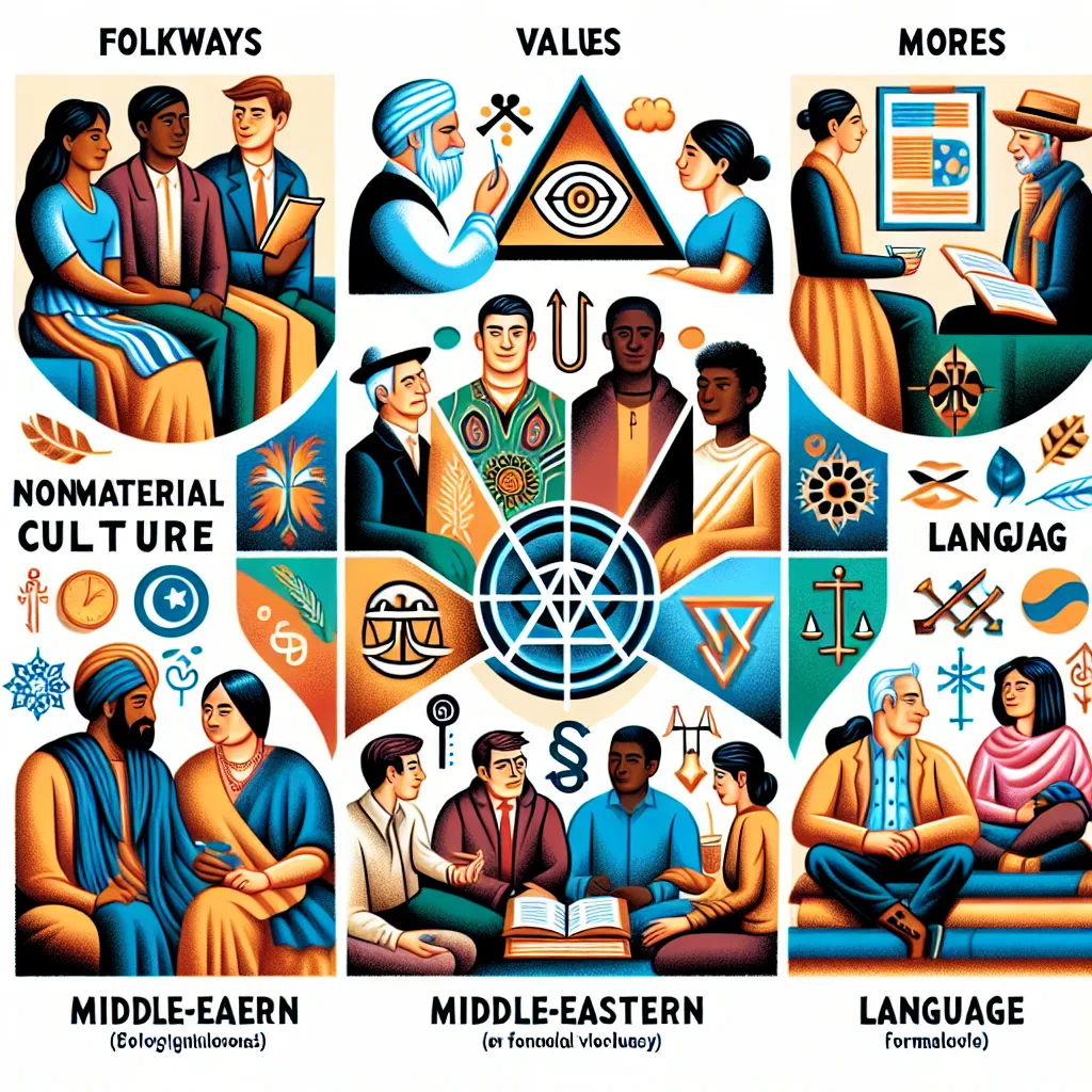 1. Illustration of five symbols representing the categories of nonmaterial culture: beliefs, values, norms, symbols, and language.  
2. Image showing diverse groups of people communicating, highlighting how vocabulary reflects cultural identity and values.  
3. Visual representation of the three types of norms: folkways (everyday customs), mores (moral significance), and laws (formalized rules).  