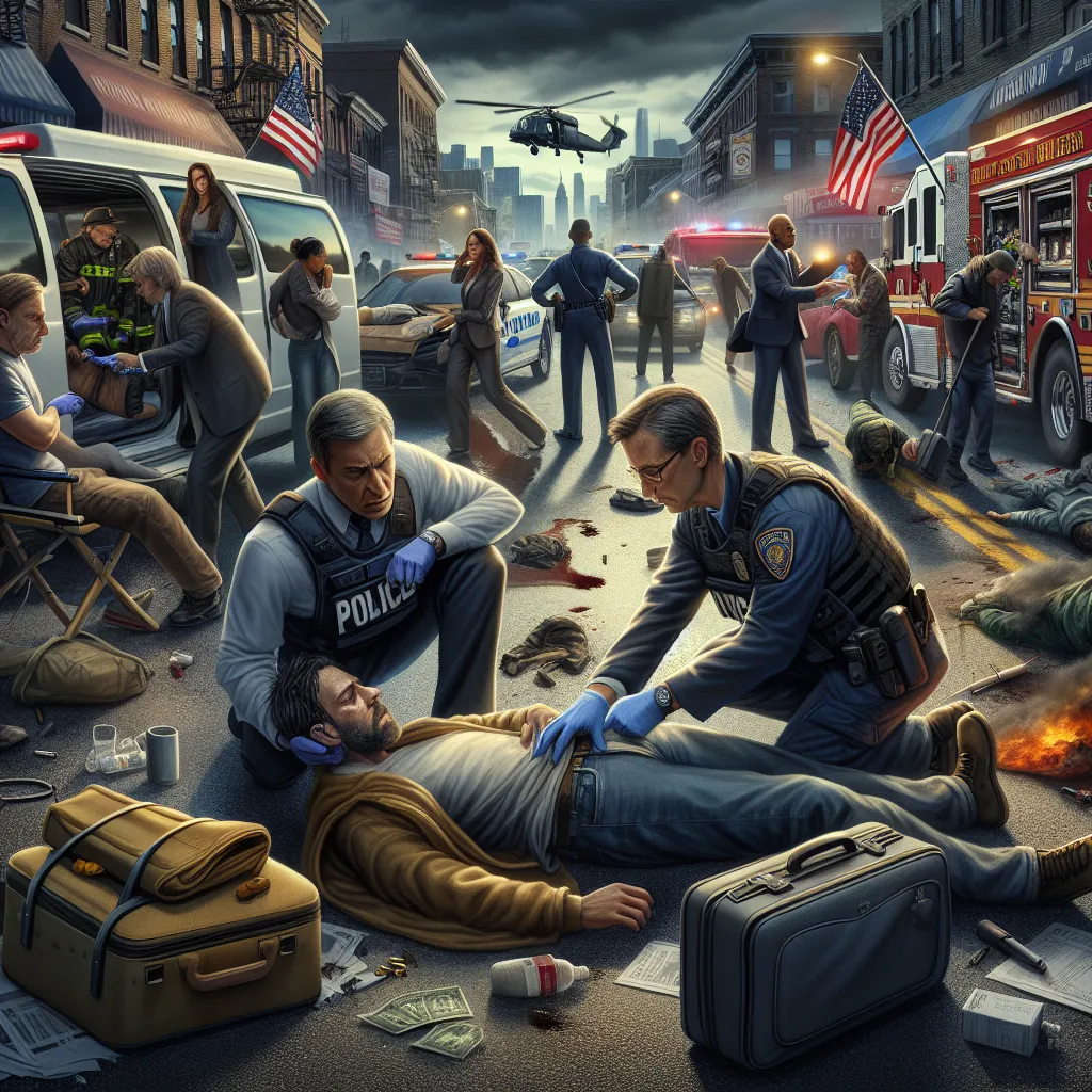 A dramatic scene depicting the aftermath of Officer Tenpenny's death on Grove Street. The image shows a busy crime scene with firefighters, police officers, and FBI agents working diligently. A body bag is visible, along with forensic experts examining the area. Nearby, a detective speaks with Carl Johnson, offering him reassurance and handing over a suitcase of money. Carl is embraced by his girlfriend, expressing relief and love amidst the chaos. In the background, two officers discuss the bul