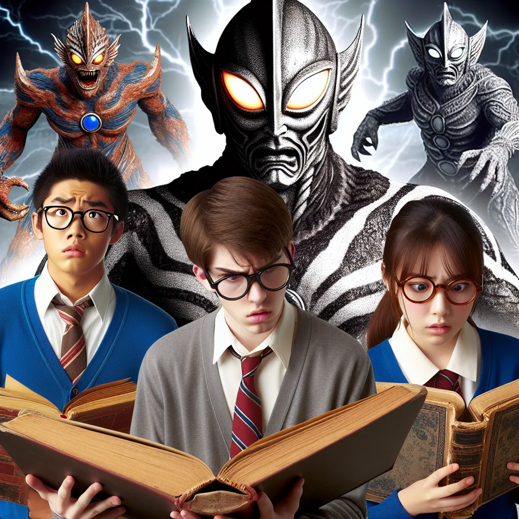 Imagen de Ultraman mirando con intensidad mientras dos adolescentes nerds buscan en libros antiguos alguna solución para revertir su estado malvado.