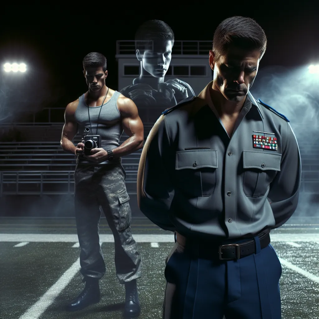 An intense and dramatic scene in a darkened football stadium, where a muscular coach in military attire stands alone, haunted by memories of his son. A ghostly image of the son appears in the background, looking sorrowful yet strong, holding a video camera that plays back moments of bullying. The atmosphere is charged with regret and emotional turmoil, illuminated by the dim lights of the field.