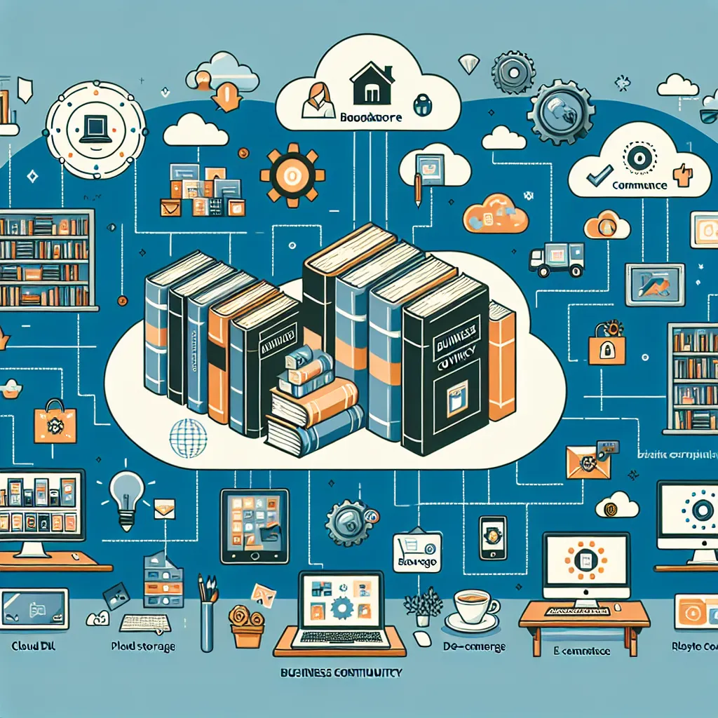 Infographic illustrating digital tools for business continuity and disaster recovery for a bookstore, featuring cloud storage, e-commerce platforms, and remote collaboration tools.