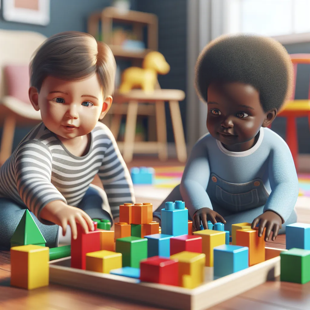 Illustration of a baby playing with building blocks, showcasing parallel play with another child in the background.