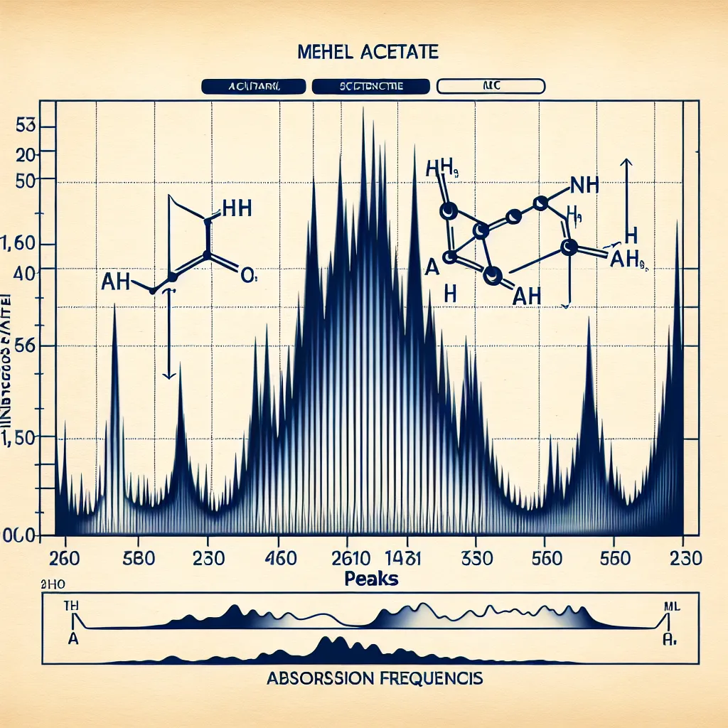 Illustration of an infrared spectroscopy graph with labeled peaks for methyl acetate.