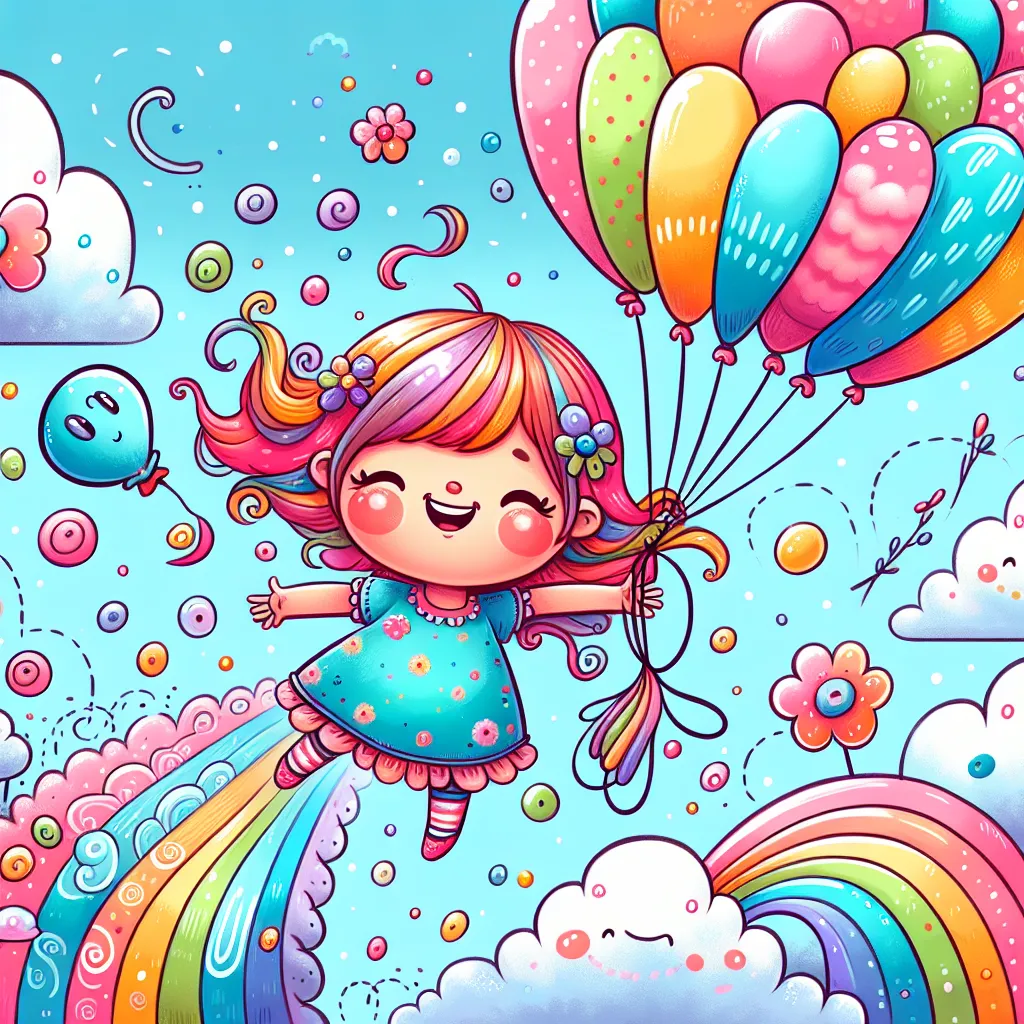 Illustration of a whimsical girl with a joyful expression, floating in the air like a balloon, surrounded by colorful clouds and a bright blue sky.