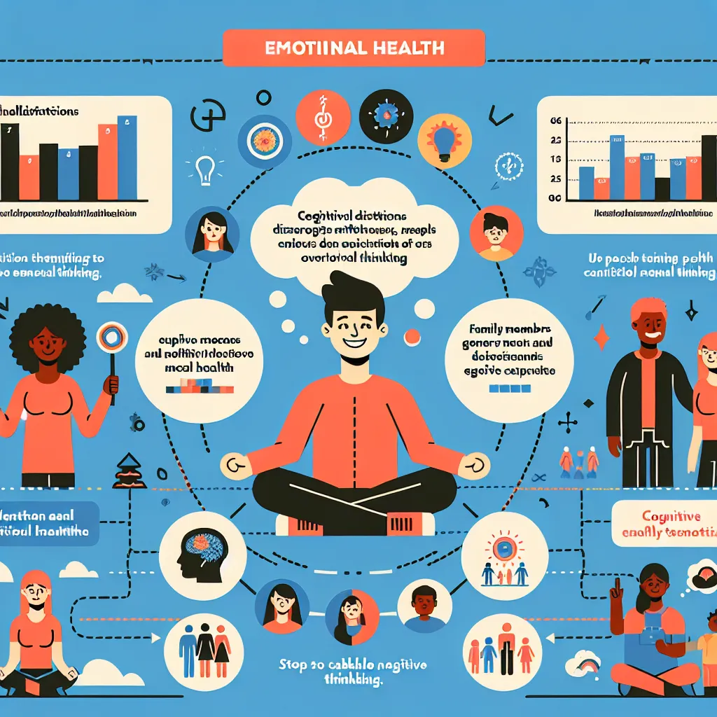 **Image Description:** An infographic illustrating the differences between mental and emotional health, featuring engaging visuals. It highlights a happy individual practicing mindfulness, charts showcasing positive mental health traits, and family interactions that influence well-being. Sections on cognitive distortions include a thought bubble with an example and steps to challenge negative thinking.