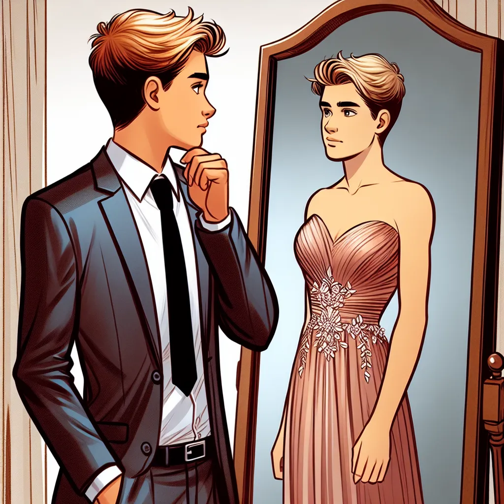 Illustration of a teenage boy standing in front of a mirror, seeing his reflection in a dress while he wears a suit.