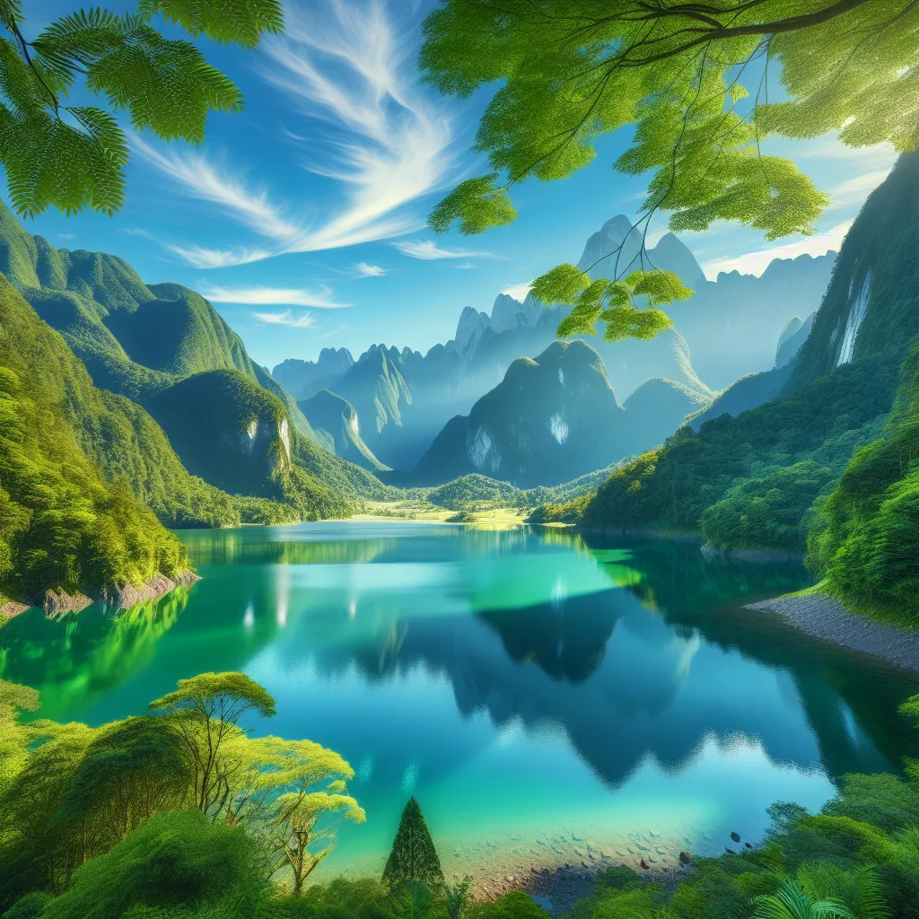 **Slide 1: A Serene Landscape**  
*Image Description:* A tranquil landscape featuring a clear lake surrounded by lush green mountains under a bright blue sky.  
*Sentence 1:* The serene lake reflects the vibrant colors of the surrounding nature.  
*Sentence 2:* Towering mountains frame the scene, adding depth and majesty to the landscape.  
*Sentence 3:* This natural oasis invites viewers to immerse themselves in the calm and beauty of the outdoors.

---

**Slide 2: A Whimsical Cityscape**  
*Im