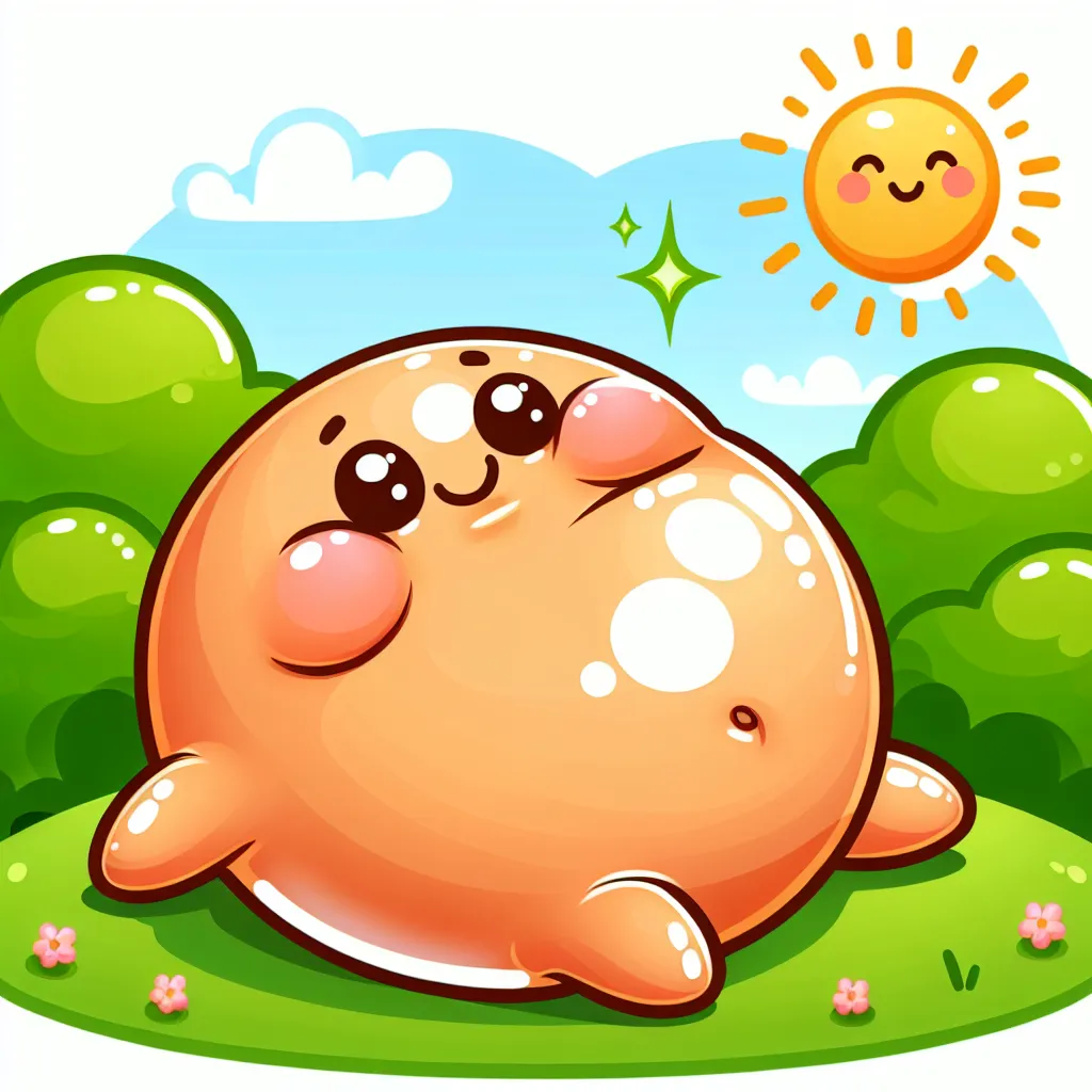 Illustration of a cheerful cartoon character with a round bubble-shaped backside comfortably lying on their stomach, enjoying a sunny day in a park.