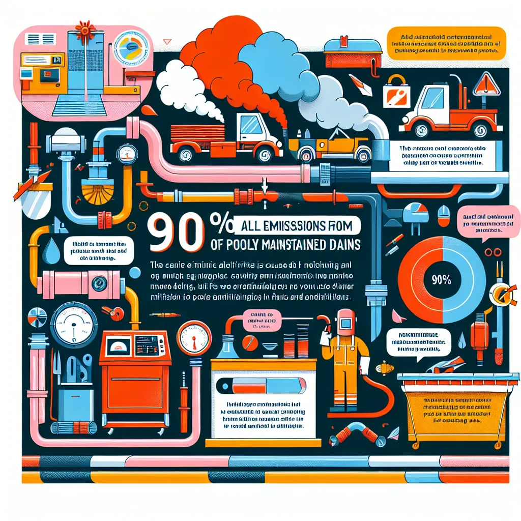 Colored infographic depicting the American Welding Society's statistic that 90% of all welder emissions come from poorly maintained drains, with visuals of welding equipment and emissions.