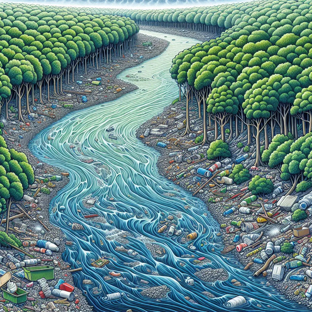 Illustration of a polluted river flowing through a forest, with trash and debris along the banks, highlighting environmental impact.