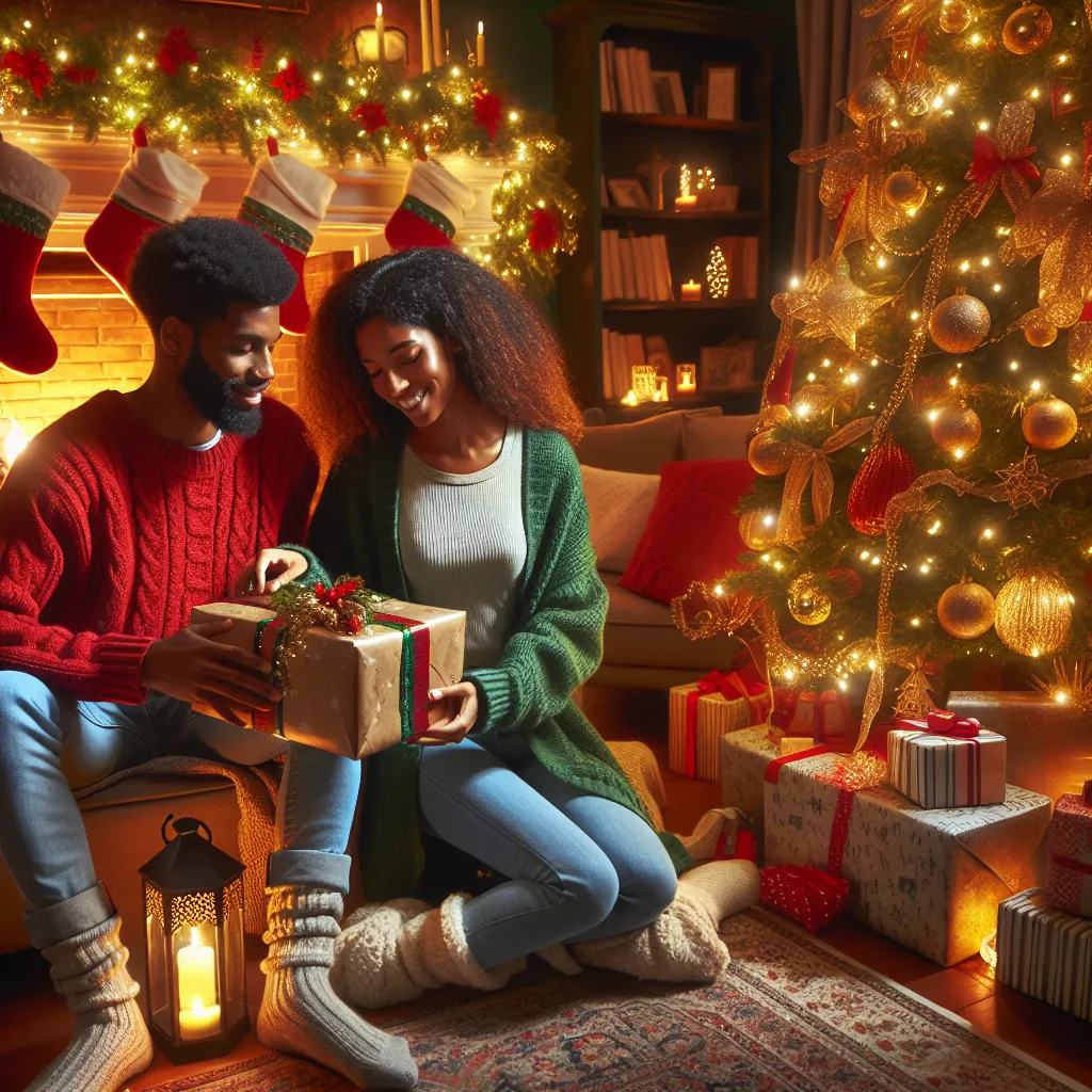 A cozy scene of a decorated Christmas tree with two friends exchanging gifts, surrounded by festive lights and a warm fireplace.