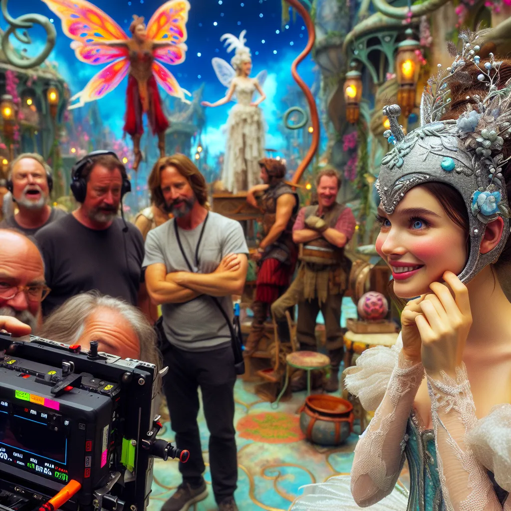 Image depicting a behind-the-scenes moment on a film set featuring actresses in intricate fairy costumes, with one actress playfully adjusting her high-tech helmet. In the background, crew members discuss equipment, while colorful props and scenery reminiscent of a fantasy world are visible.