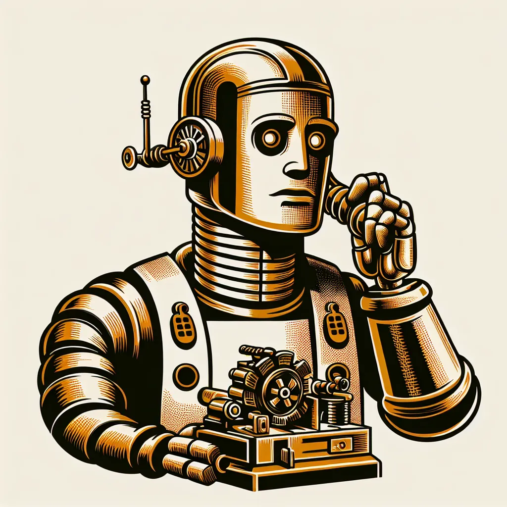 Illustration of a vintage robot worker from a classic sci-fi story, exemplifying its original meaning as a laborer.