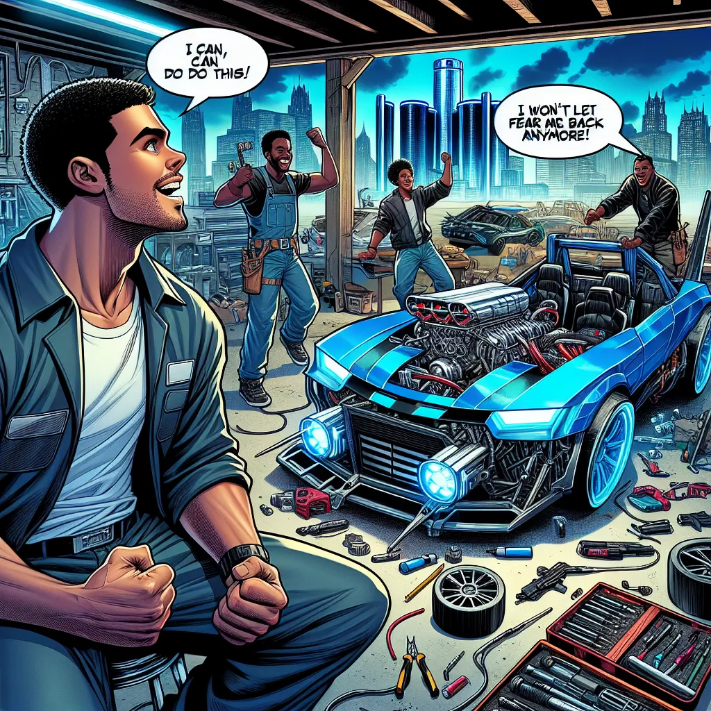 **Image Description:** A dynamic comic book scene depicting Chuck in a messy garage, surrounded by car parts and tools, as he enthusiastically repairs and customizes his vehicle. The car, now bright blue, is equipped with sleek missiles and rifles. In a thought bubble, a dialogue shows Chuck saying, "I can do this! I won't let fear hold me back anymore!" Meanwhile, glimpses of his friends Mike and Julie can be seen cheering him on. The background hints at a futuristic Detroit with towering build