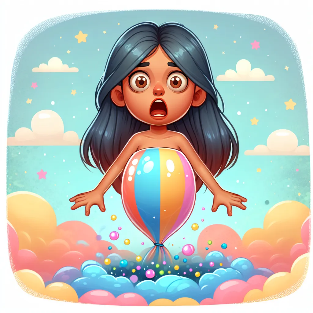 Illustration of a girl looking shocked and wide-eyed as she begins to float into the air, her body gradually transforming into a colorful balloon against a whimsical background.