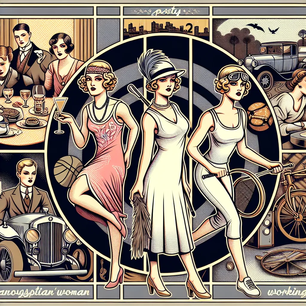 For an image accompanying this analysis, consider a vintage-style illustration depicting three women in 1920s attire, each representing different societal roles: a glamorous socialite at a party, a determined sportswoman, and a struggling working-class woman. The background features elements of 1920s culture, such as vintage cars and jazz music, highlighting their contrasting experiences and reflecting on gender dynamics of the era.