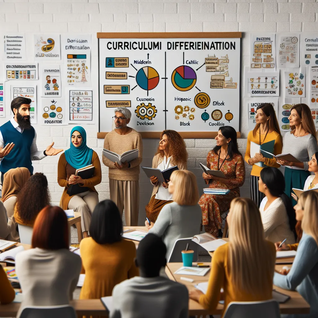 Image of a diverse group of teachers in a workshop, discussing curriculum differentiation with visual aids, while a facilitator highlights key concepts on a whiteboard. The setting is warm and engaging, with charts and examples of effective differentiated instruction strategies around the room.