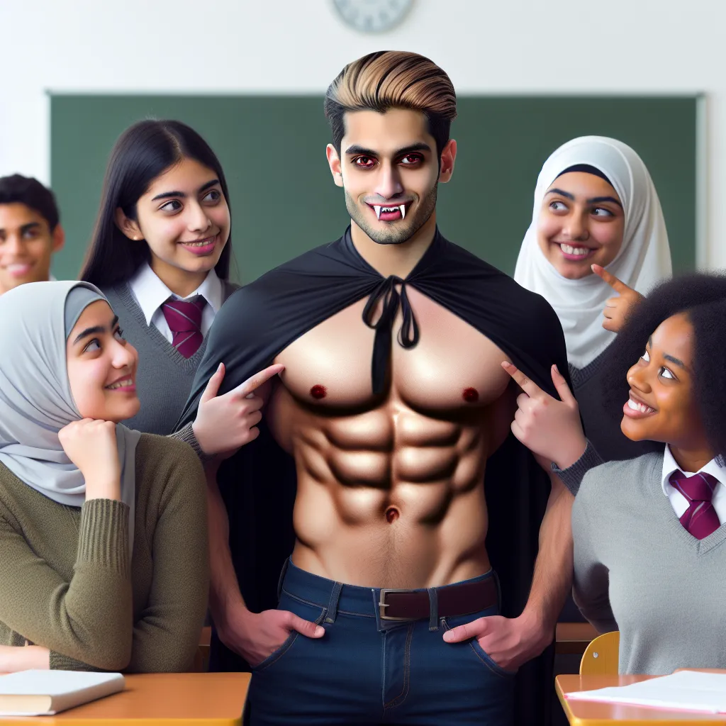 Imagen de un vampiro apuesto y musculoso en una aula de preparatoria, disimulando su verdadera esencia entre estudiantes. Su expresión refleja orgullo y narcisismo mientras se destaca en el centro rodeado de compañeros que lo admiran.