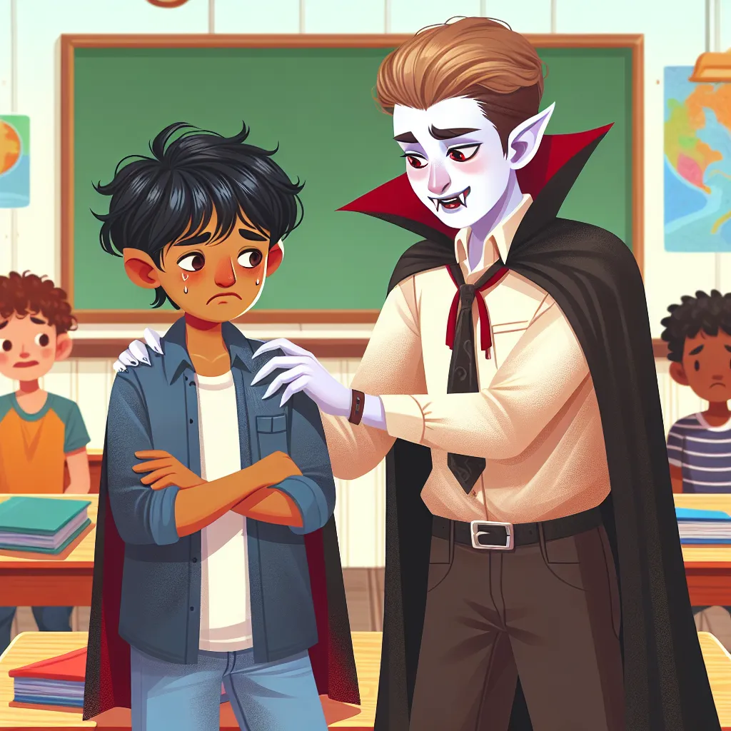 Ilustración de un joven y un vampiro juntos en un aula de escuela, mostrando al vampiro intentando reparar su relación con una expresión de remordimiento.