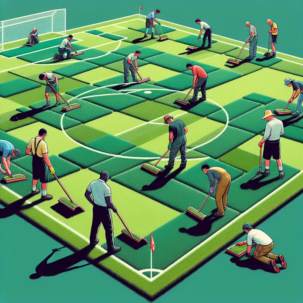 Illustration of workers laying rectangular lawn patches on a large soccer field marked with dimensions.