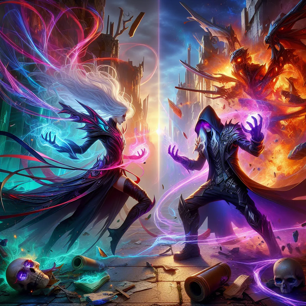 Dynamic digital artwork depicting an intense battle between Mahito and Shigaraki, showcasing their powers and contrasting styles in a vibrant, explosive scene.