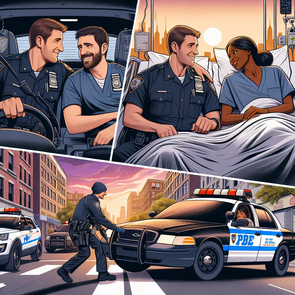 **Title: Guardians of the City**

**Scene 1: Police Cruiser on the Streets of New York**

**Officer Mike:** (smiling) "You know, I can't believe it’s another shift already. Time flies when you’re keeping the city safe!"

**Officer Sarah:** (grinning) "Tell me about it! But hey, I’ve got a new challenge for us today."

**Mike:** "What’s that?"

**Sarah:** "I think it’s time to come up with a name for our team—how about ‘The Guardians’?"

---

**Scene 2: The Chase**

*(The officers receive a radio