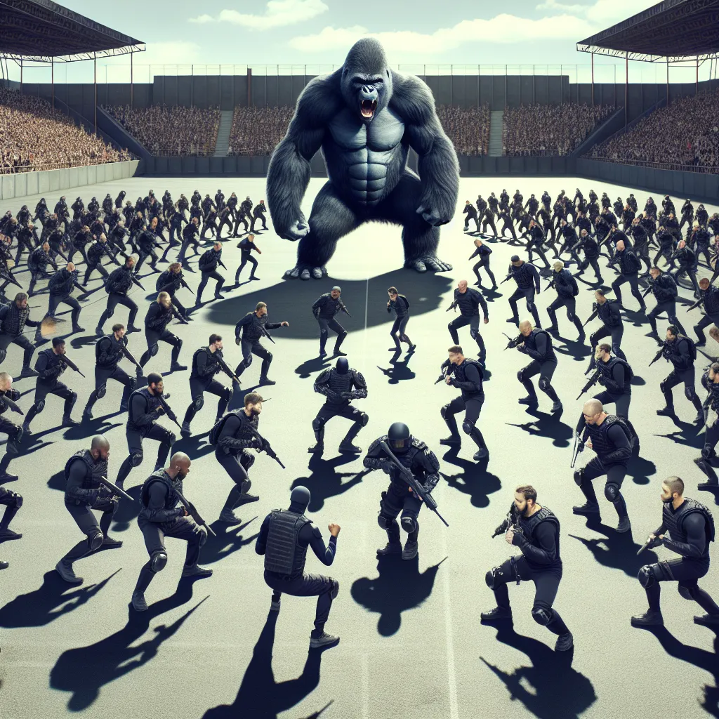 Dynamic illustration of 100 men in a vast arena facing off against a powerful gorilla, showcasing the tension of the encounter.