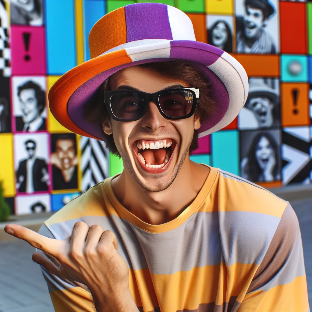 Photo of a college-aged man, laughing while trying on a large hat and oversized sunglasses, playfully impersonating someone else for a social media challenge.