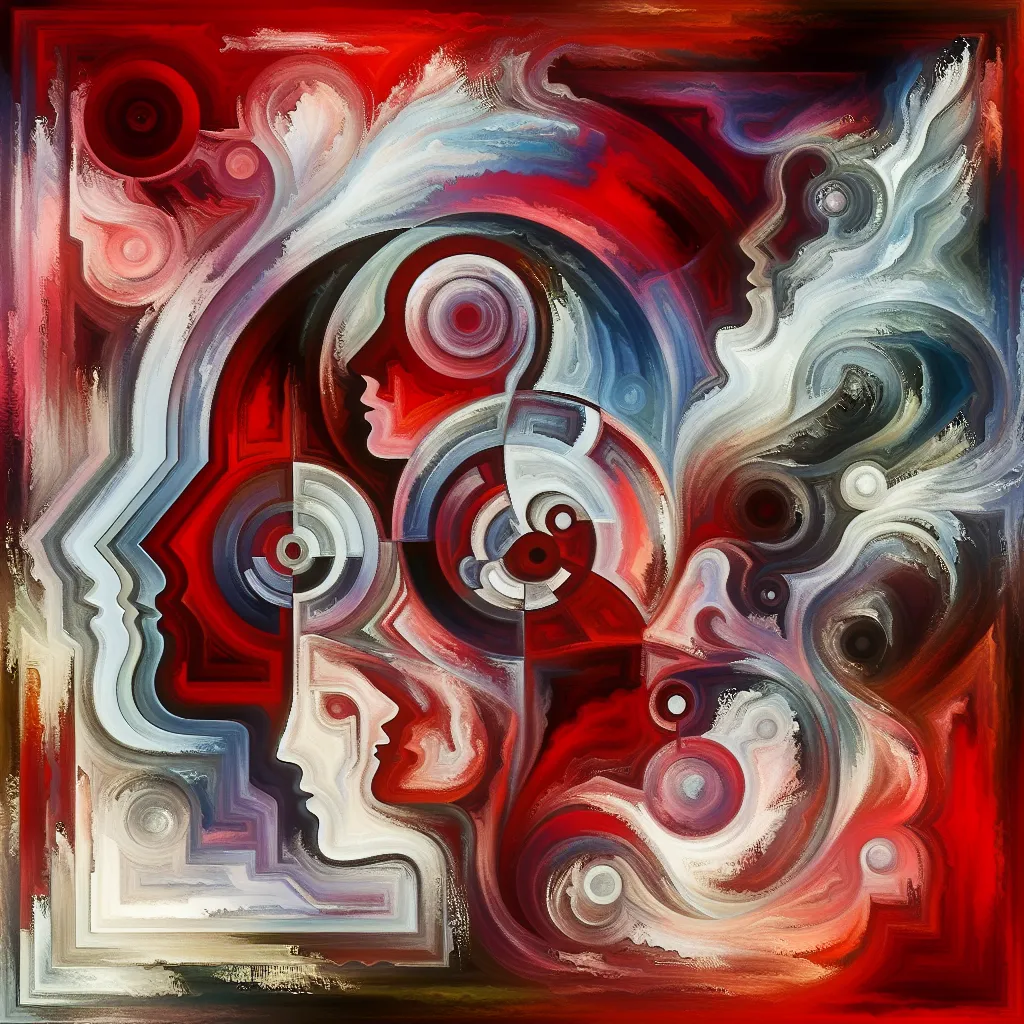 Transformation, Moxxie, Crimson, Identity, Story in an abstract style