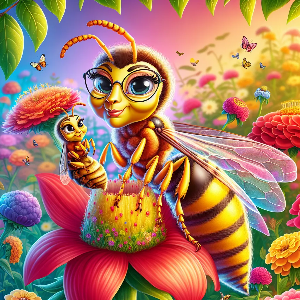 **Image Description**: Digital illustration of a stylized, cartoonish queen yellowjacket wasp perched atop a vibrant flower, with exaggerated human-like facial features to suggest intelligence and personality. The setting is a colorful garden, portraying a cheerful and light-hearted interpretation of transformation.