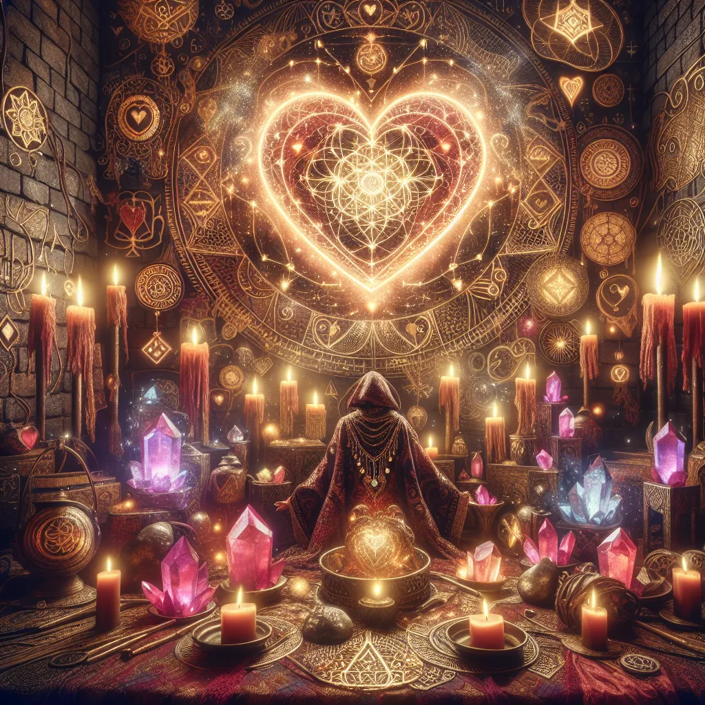 An intricate design featuring a mystical setting in Johannesburg, showcasing a spellcaster surrounded by candles, crystals, and love-themed symbols, with a glowing heart spell in the center.