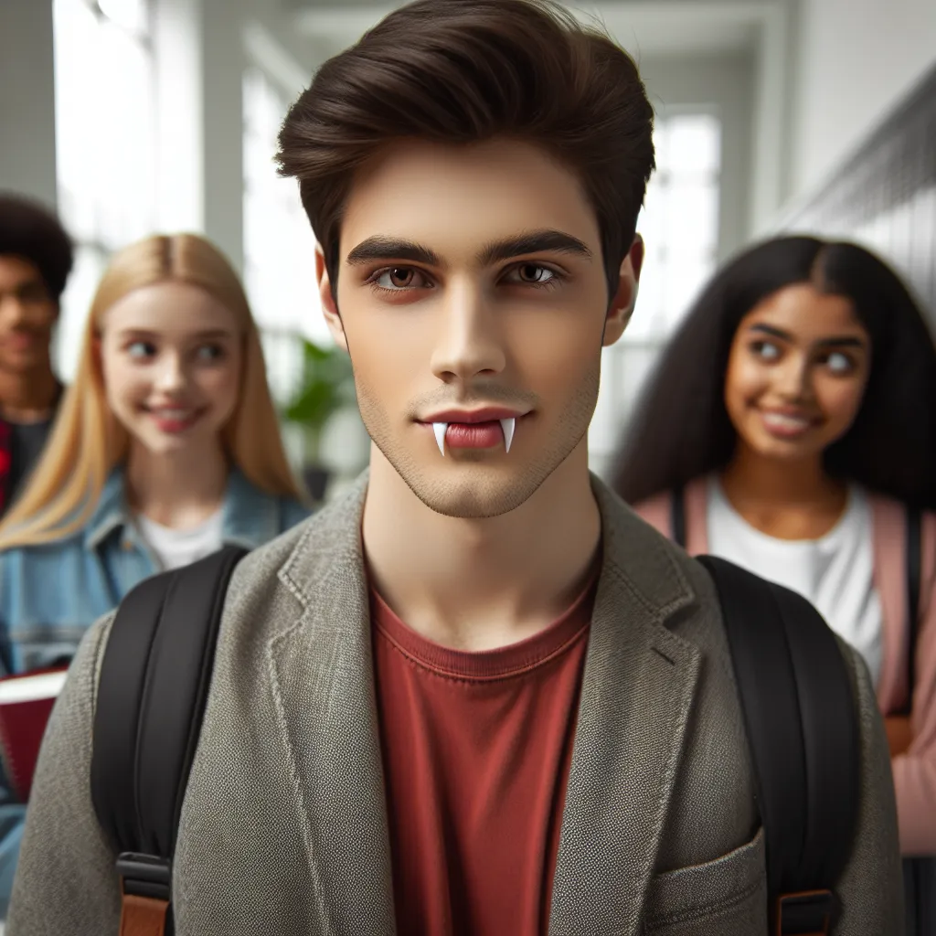 Imagen de un vampiro estudiante aparentemente joven y apuesto en un pasillo de una moderna preparatoria, con expresión egolátrica mientras otros estudiantes lo miran con admiración y respeto.