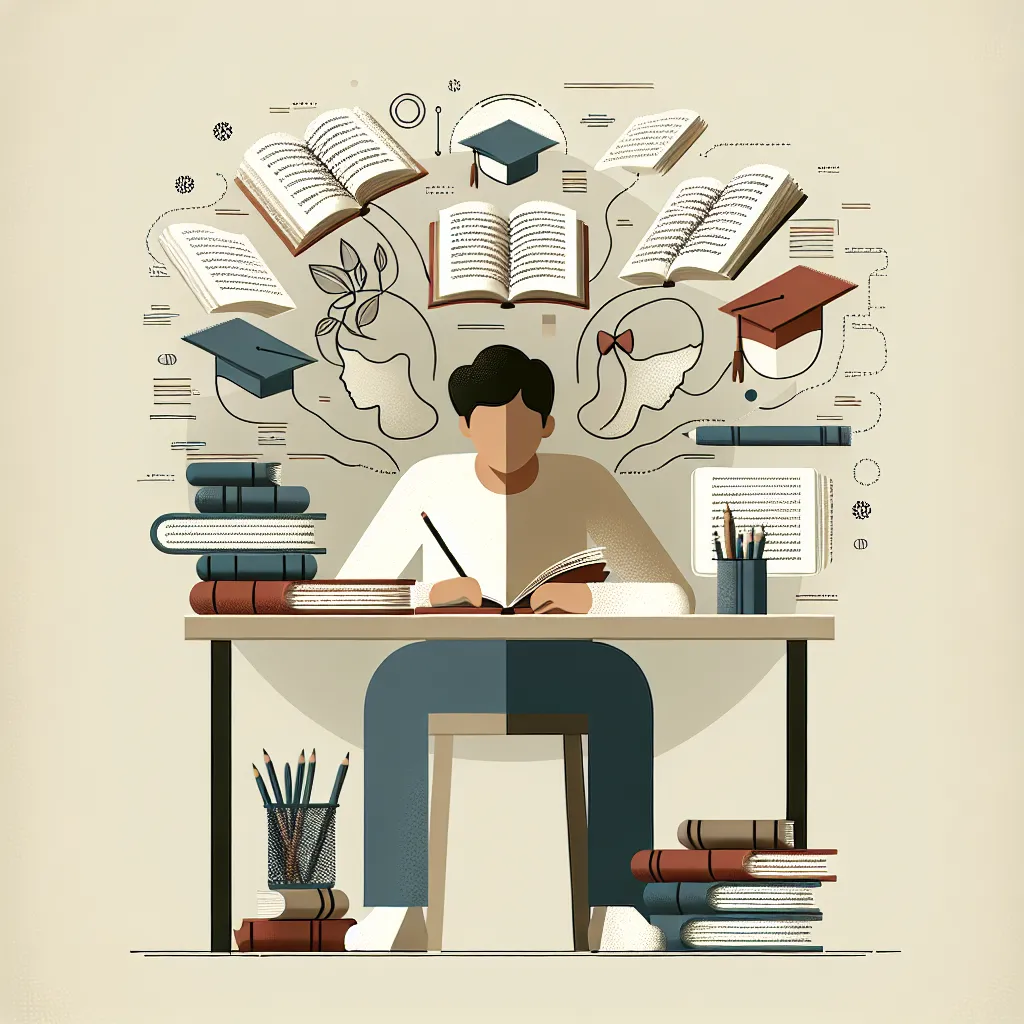 Minimalist illustration depicting a student studying with a stack of books, emphasizing repetition with repeated patterns and notes surrounding them.
