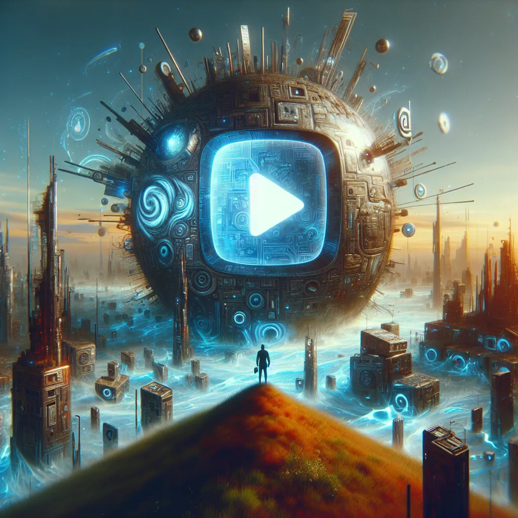 Surreal illustration depicting a futuristic YouTube logo crumbling amid digital chaos in a dystopian landscape.