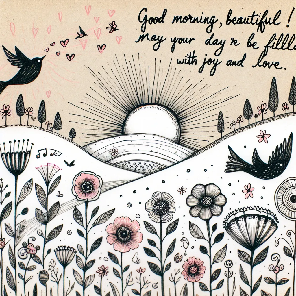 A whimsical illustration of a sun rising over a serene landscape, with flowers blooming and birds singing, accompanied by a handwritten note that reads: "Good morning, beautiful! May your day be filled with joy and love."