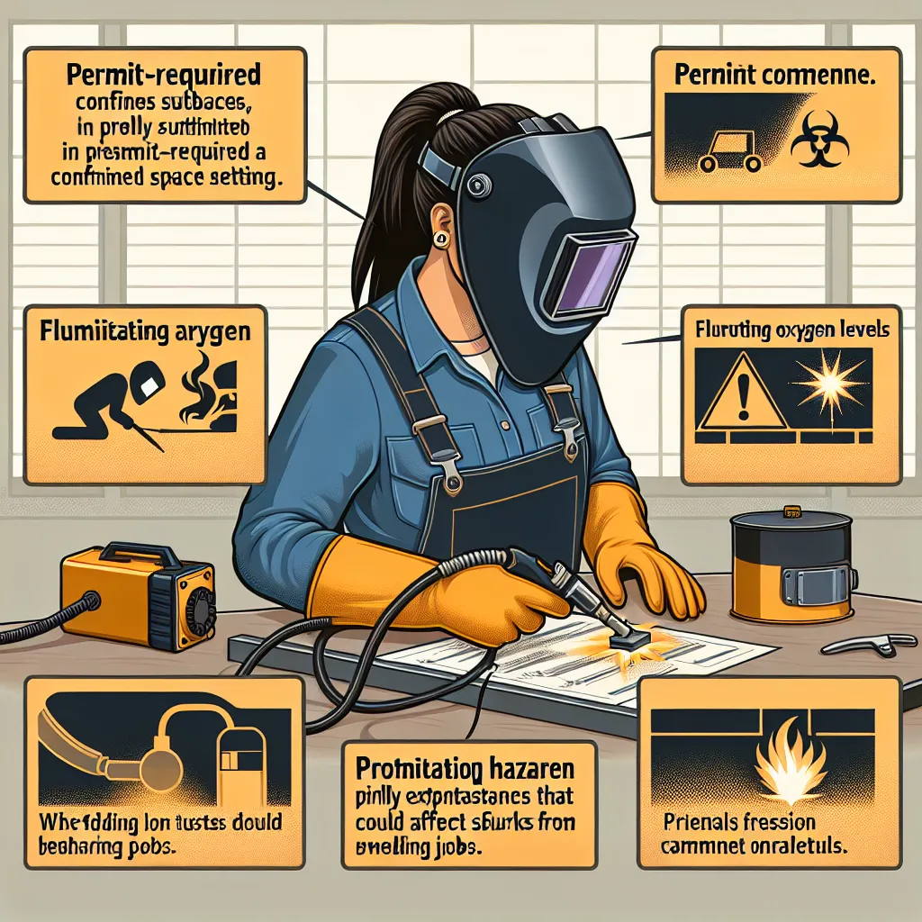 Illustration of a welder in a permit-required confined space, highlighting hazards like toxic substances, fluctuating oxygen levels, and potential fire risks.