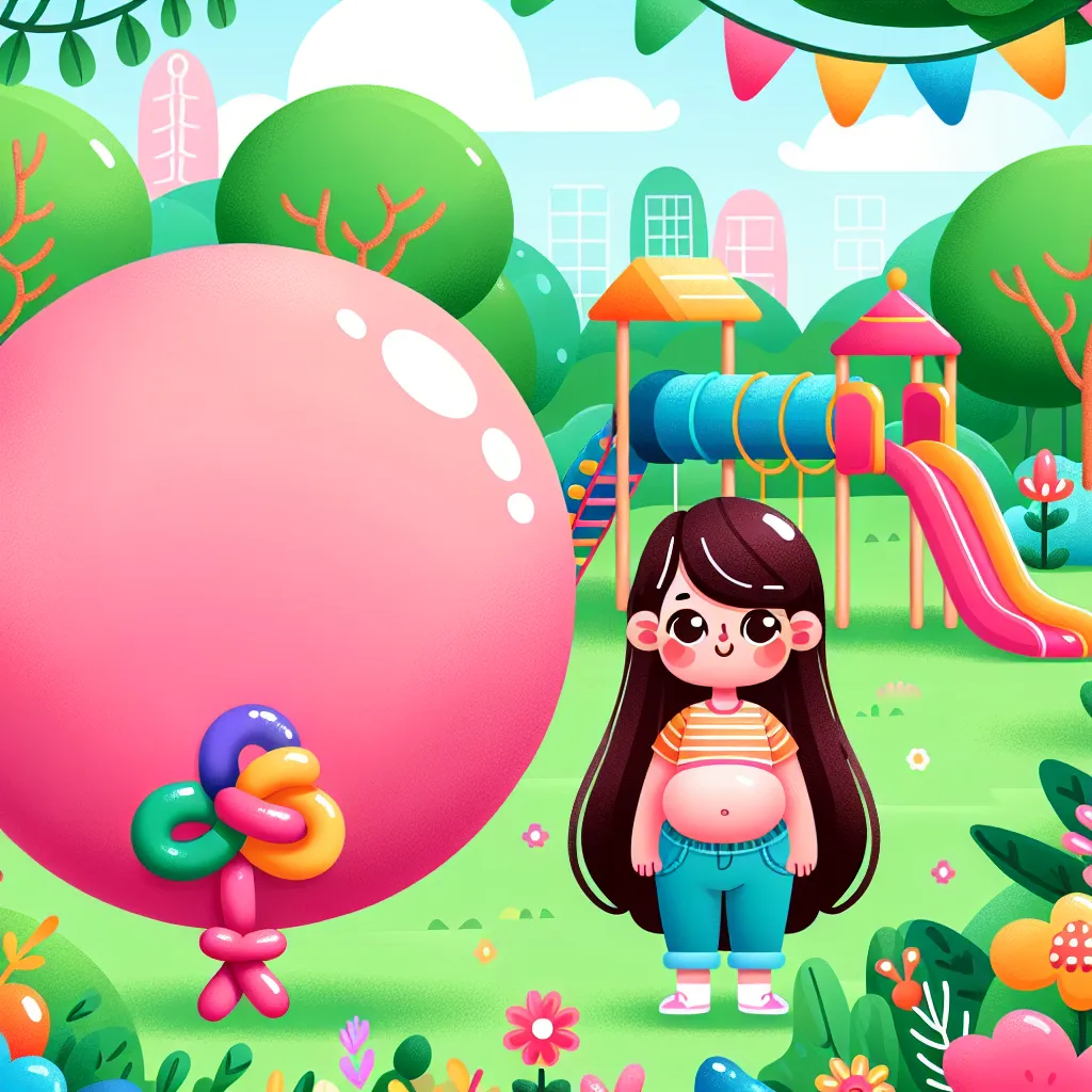 Illustration of a whimsical girl with a big, colorful balloon-shaped stomach and a decorative balloon knot as a belly button, standing in a vibrant, playful park setting.