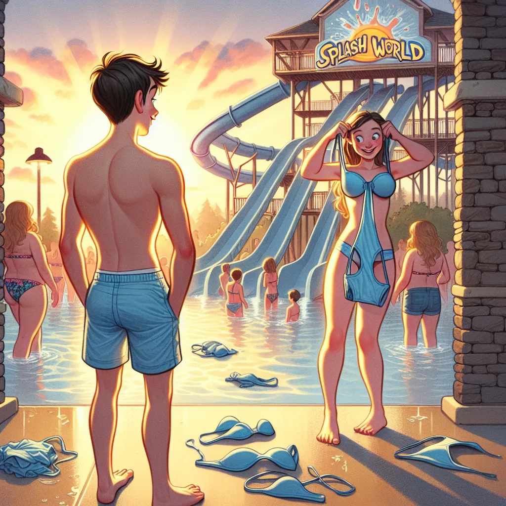 Title: A Splash of Surprise

As the sun peeked over the horizon, Jake couldn't contain his excitement for the grand opening of Splash World, the new water park in town. He hopped on the first bus, eager to experience the thrilling water slides and lazy river. Once inside, he quickly changed into his light blue swim trunks, ready for a day of adventure.

The water slides were exhilarating, and after several rounds of heart-pounding splashes, Jake decided to relax in the lazy river. It was there h