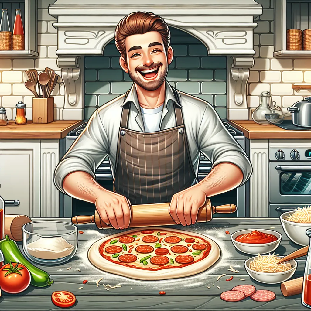 Illustration of a playful scene showing a former president in an apron, happily rolling out pizza dough in a lavish kitchen. He's surrounded by ingredients: tomato sauce, shredded cheese, pepperoni slices, and bits of bacon, with a pizza oven in the background. A satisfied smile on his face as he prepares to bake his pizza creation.