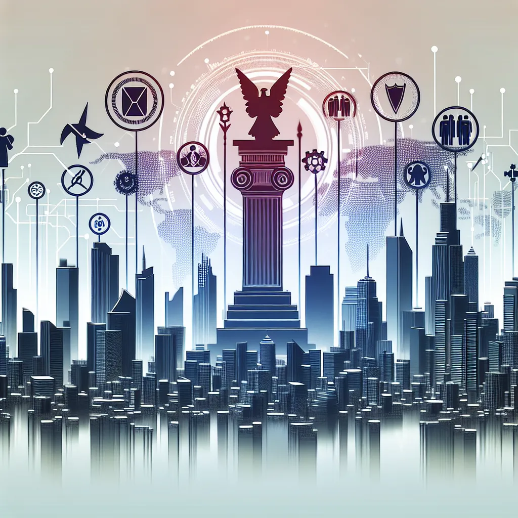 Illustration of a futuristic city skyline with a symbolic representation of democracy, highlighting various forms of leadership and governance.