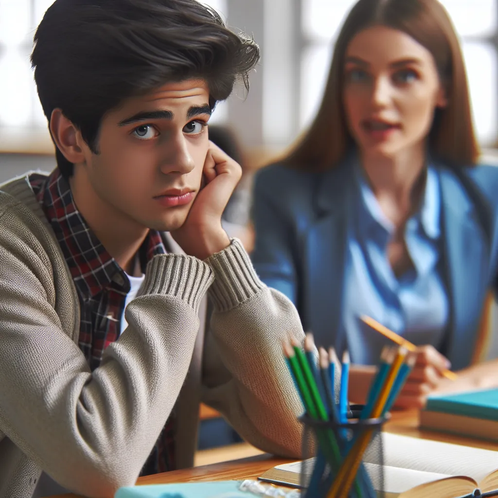 Image of two students in a classroom: one from a low socio-economic background looking stressed over school supplies, and another student from a supportive home environment confidently engaging with a teacher.