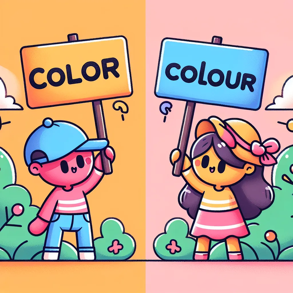 A playful illustration depicting two cartoon characters, one using the spelling "color" and the other "colour," debating joyfully in a vibrant setting.