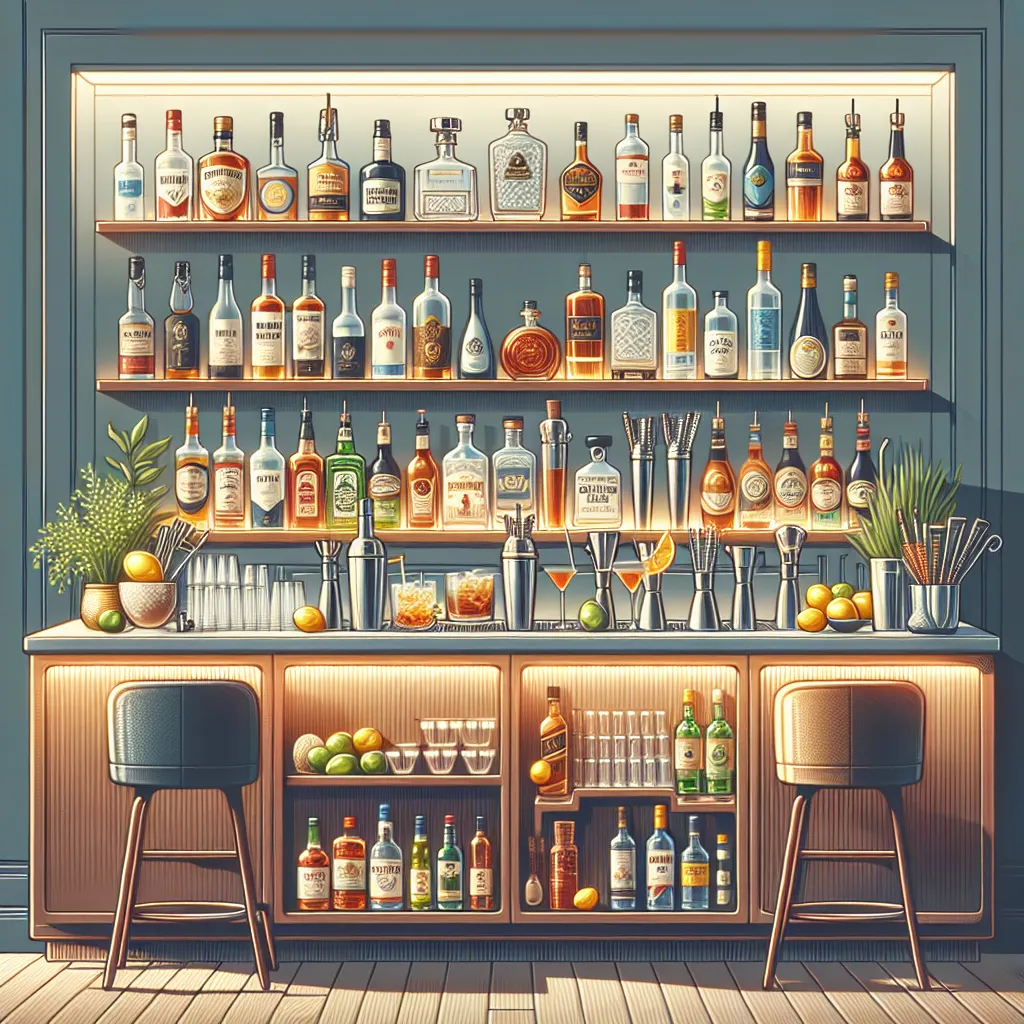 Illustration of a well-stocked home bar featuring various liquors like vodka, gin, rum, whiskey, and tequila, along with mixers like tonic water, soda, and juices, plus cocktail essentials like a shaker, jigger, and garnishes.