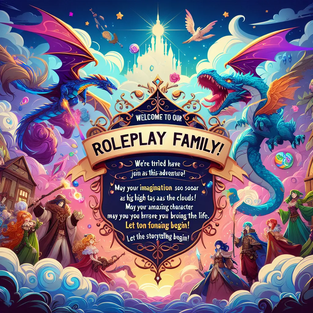 Welcoming banner featuring vibrant, fantasy-themed graphics, with text: "Welcome to our Roleplay Family! ? We're thrilled to have you join us on this adventure! May your imagination soar as high as the clouds, and may you create unforgettable stories with us. We can't wait to see the amazing characters you bring to life, and we hope you have tons of fun along the way. Let the storytelling begin!"