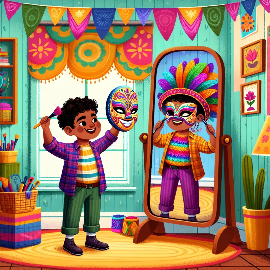 A whimsical illustration of a boy in a colorful room, wearing a vibrant mask that magically transforms him into a confident Latina woman with a playful smile and a stylish outfit. The background features a mirror reflecting his new appearance, capturing the surprise and joy of the transformation.