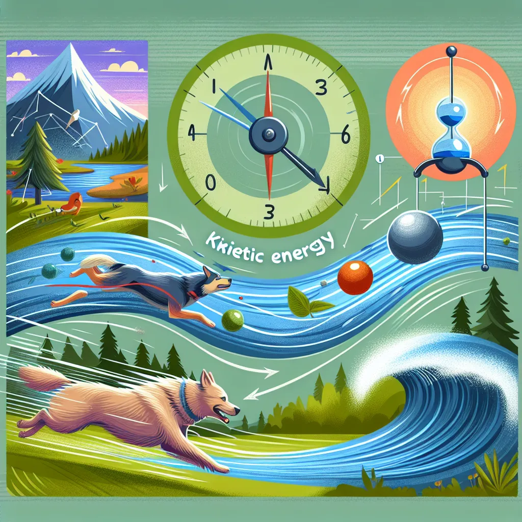 Illustration showing various moving objects, such as a running dog, a flowing river, and a swinging pendulum, all labeled with "Kinetic Energy."