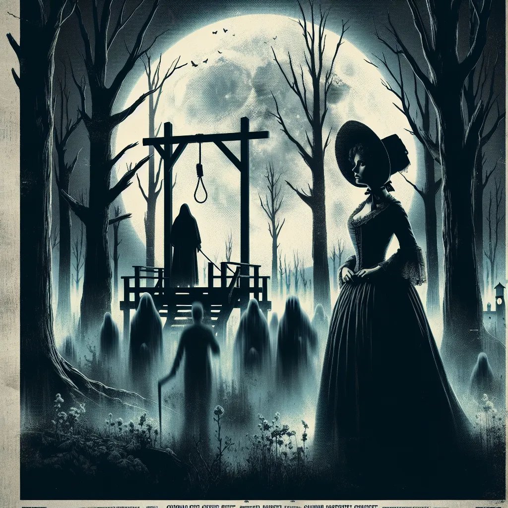 A vintage movie poster design featuring a dark, eerie forest with a woman in historic 1800s attire, ominously looking at a gallows. Moonlight casts unsettling shadows as ghostly figures loom around.