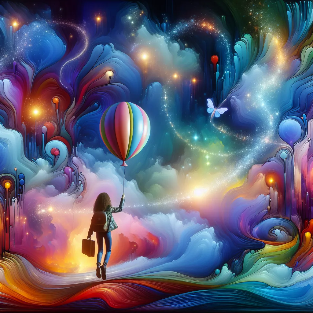 Girl, Balloon, Inflate, Adventure, Magic in an abstract style